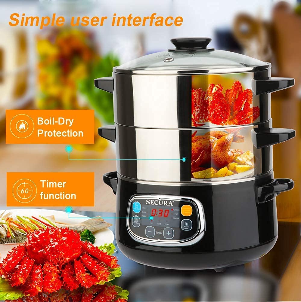 Secura electric steamer steaming veggies and fish for quick meals.