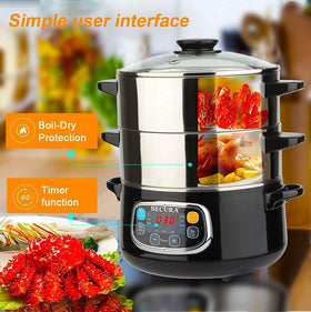 Secura electric steamer steaming veggies and fish for quick meals.