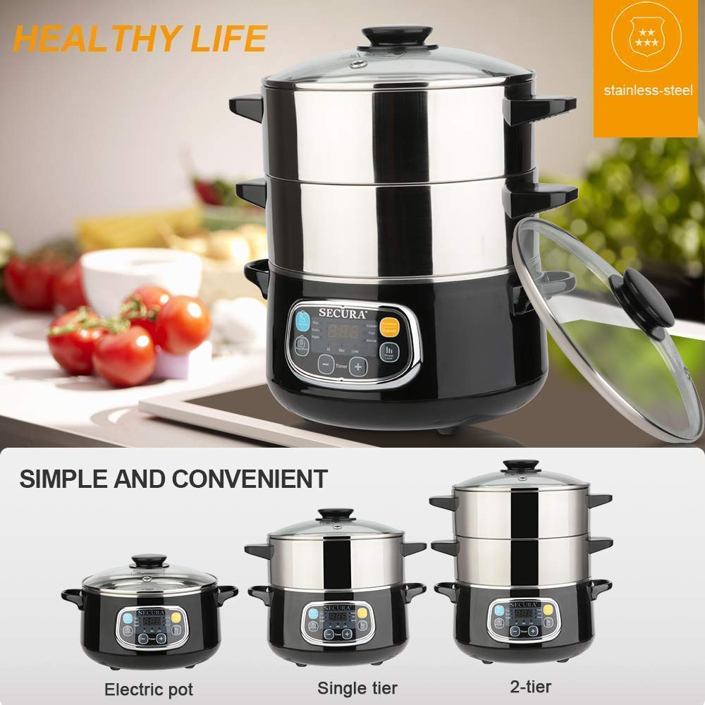 Secura electric steamer two-tier baskets enable multi-item cooking.