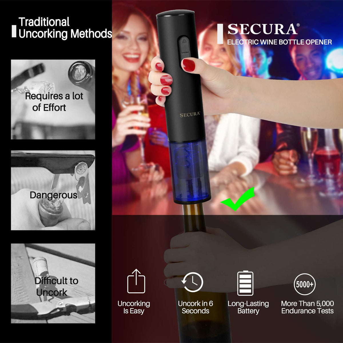 Secura opener in action removing corks in seconds