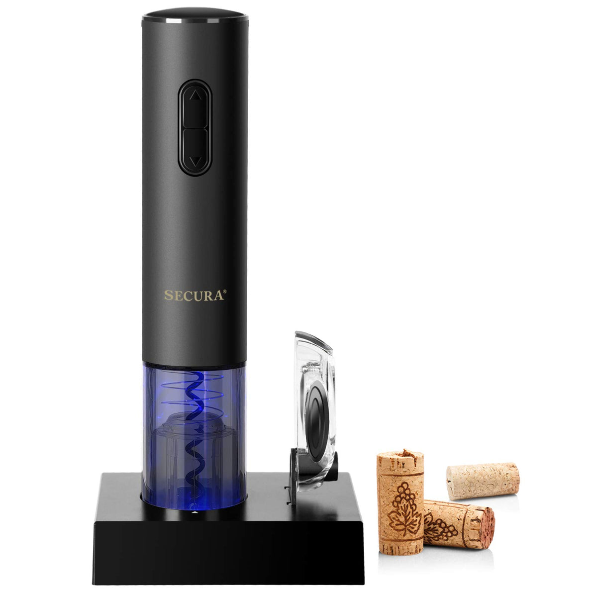 Secura electric wine opener on bottle with blue glow for quick serving