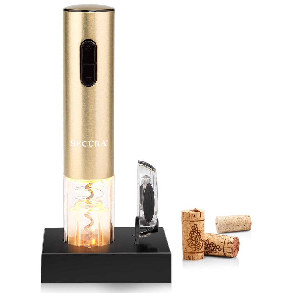 Secura electric wine opener on bottle opens in seconds, ideal for entertaining.