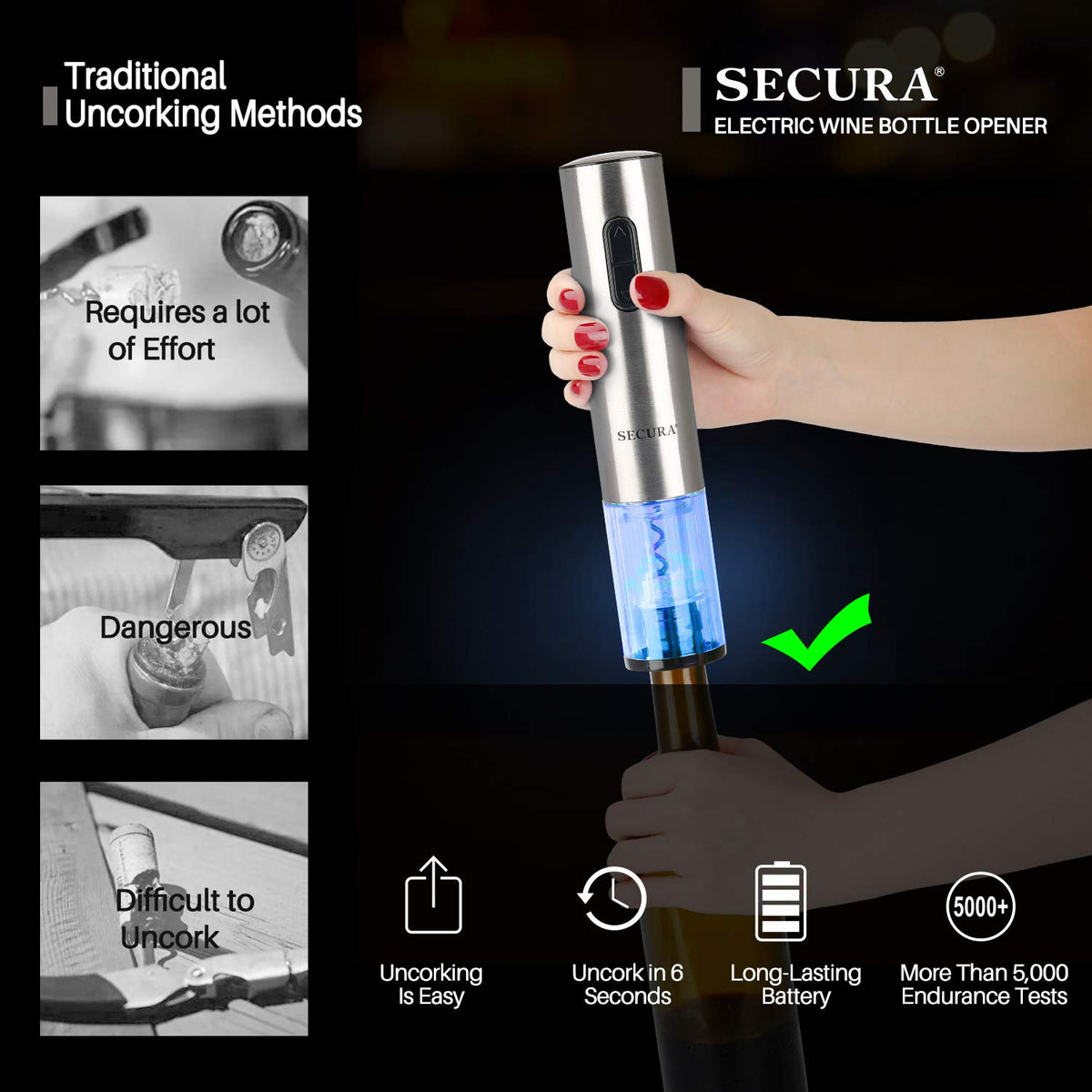 Secura electric wine opener transparent shell view shows cork lifting progress.