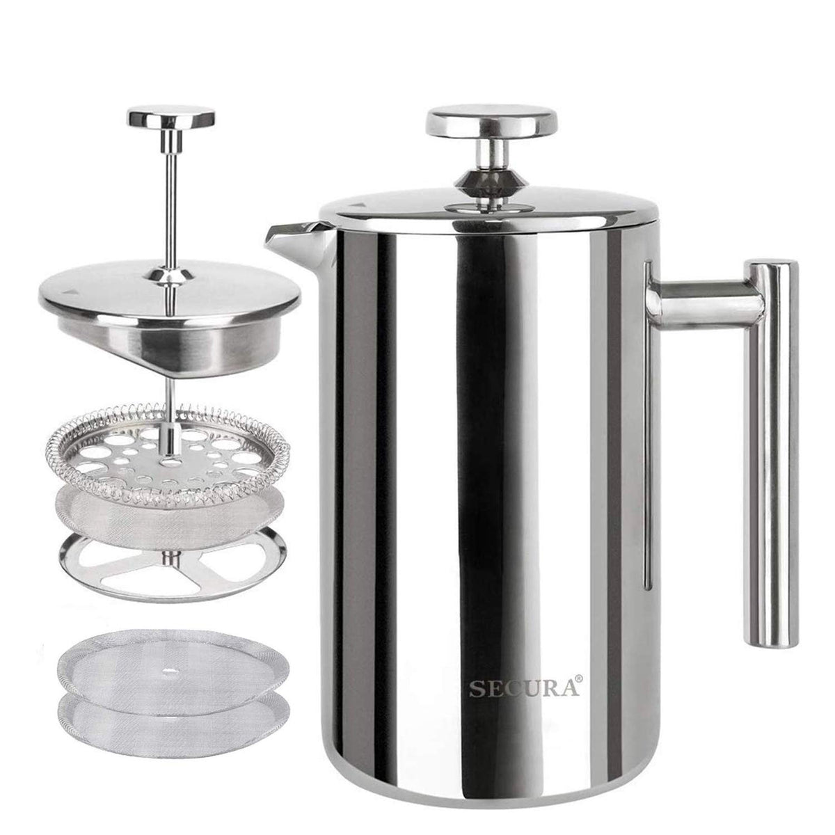 Secura French Press exterior insulated body highlighting heat retention for fresh coffee.