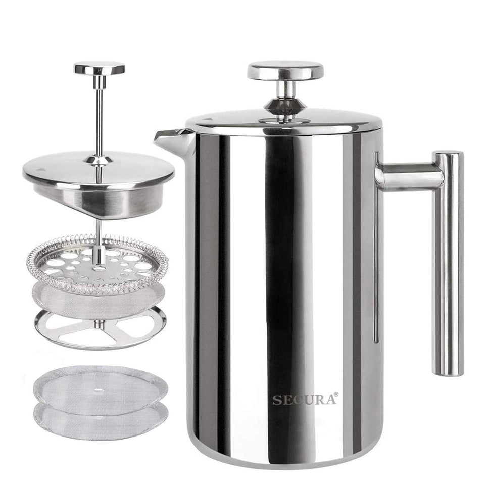 Secura French Press exterior insulated body highlighting heat retention for fresh coffee.