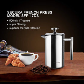 Secura French Press 17-ounce capacity yields ample coffee portions.
