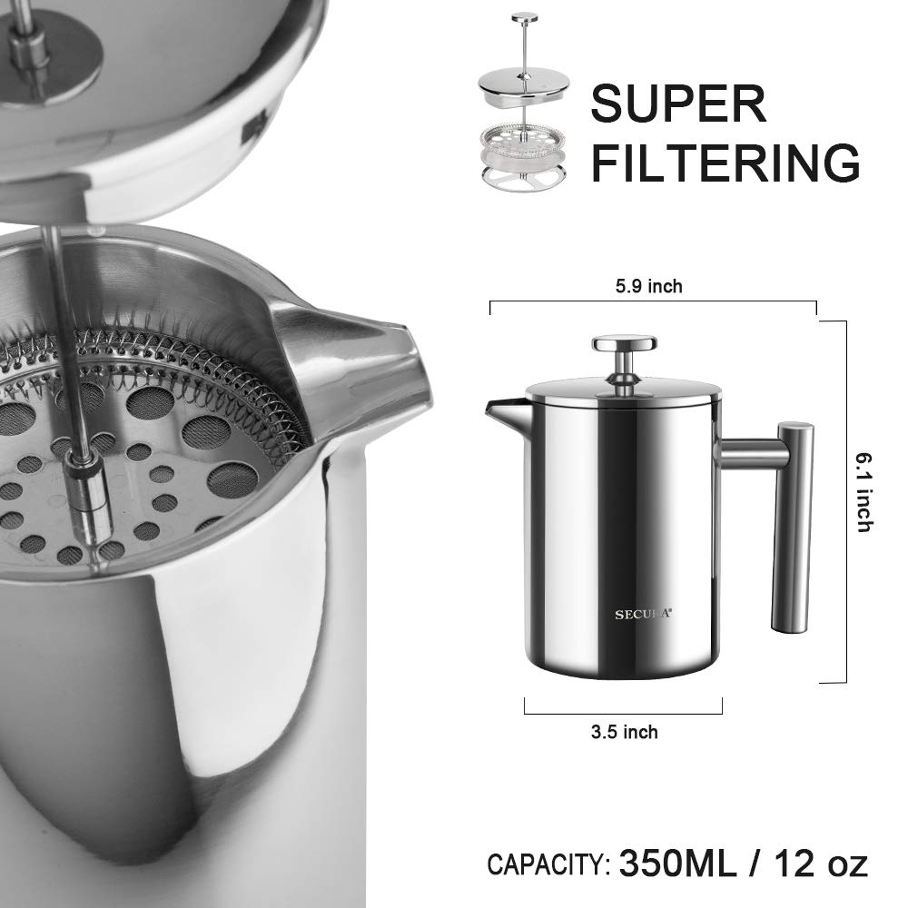 Secura French Press precision filter demonstrates 3-layer filter for rich, full-bodied brew.