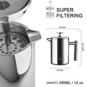 Secura French Press precision filter demonstrates 3-layer filter for rich, full-bodied brew.
