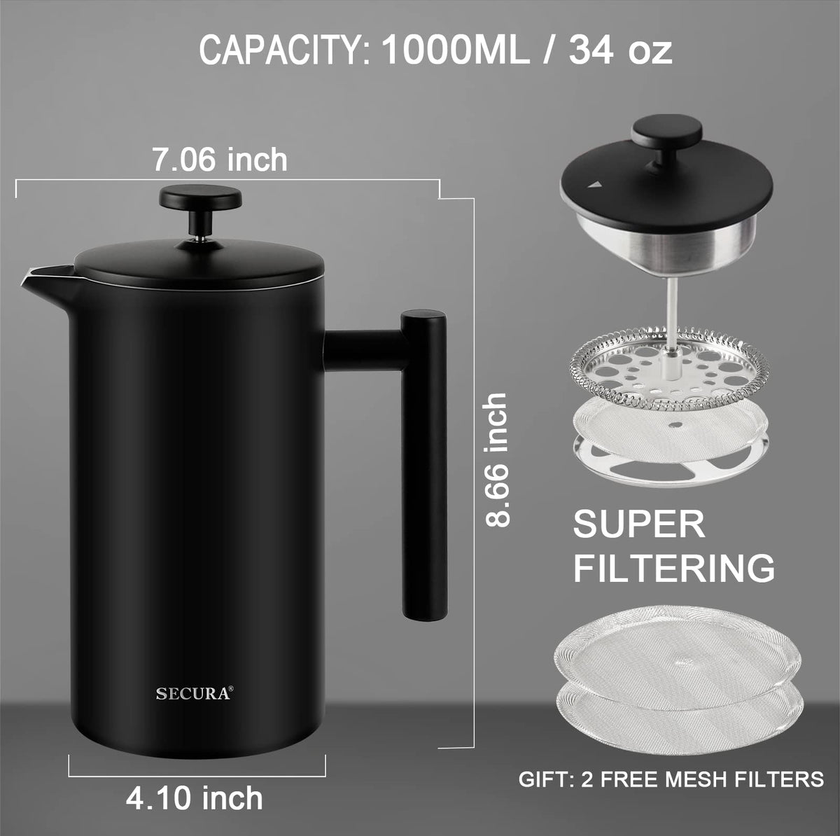 Large 34-ounce capacity shown for sharing coffee with guests.