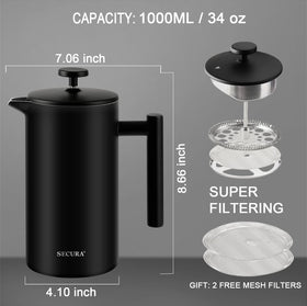 Large 34-ounce capacity shown for sharing coffee with guests.