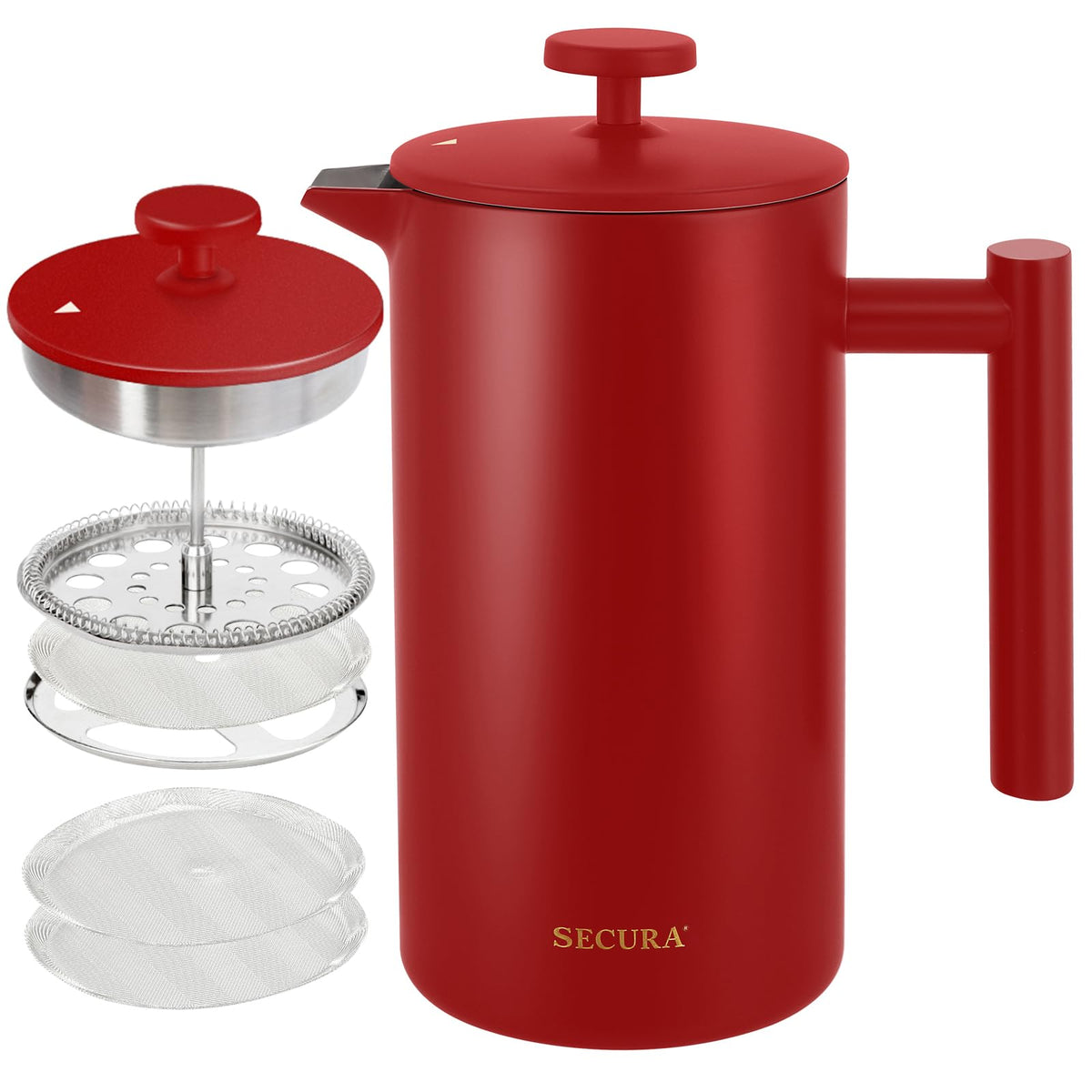 Secura French Press 34oz insulated front view shows durable steel for heat retention.