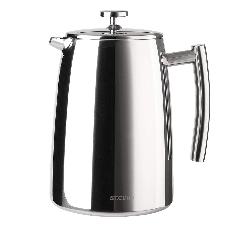 Secura French Press exterior in 304 stainless steel offers lasting durability.
