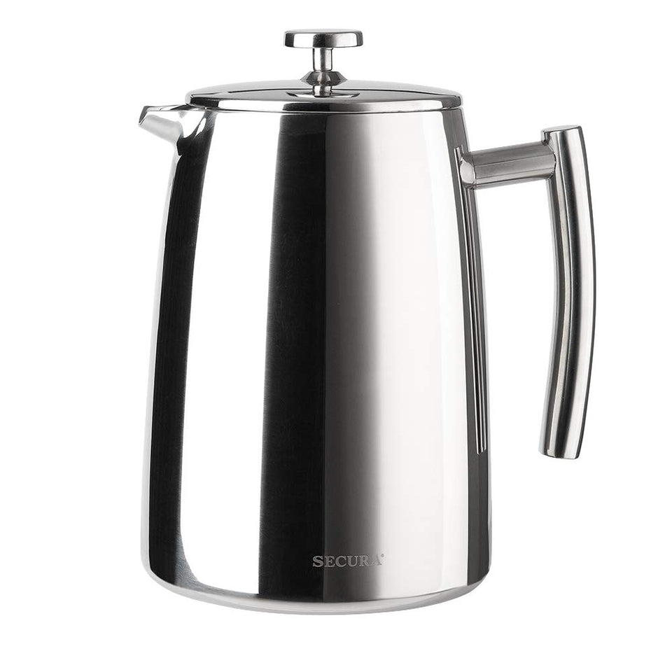 Secura French Press exterior in 304 stainless steel offers lasting durability.