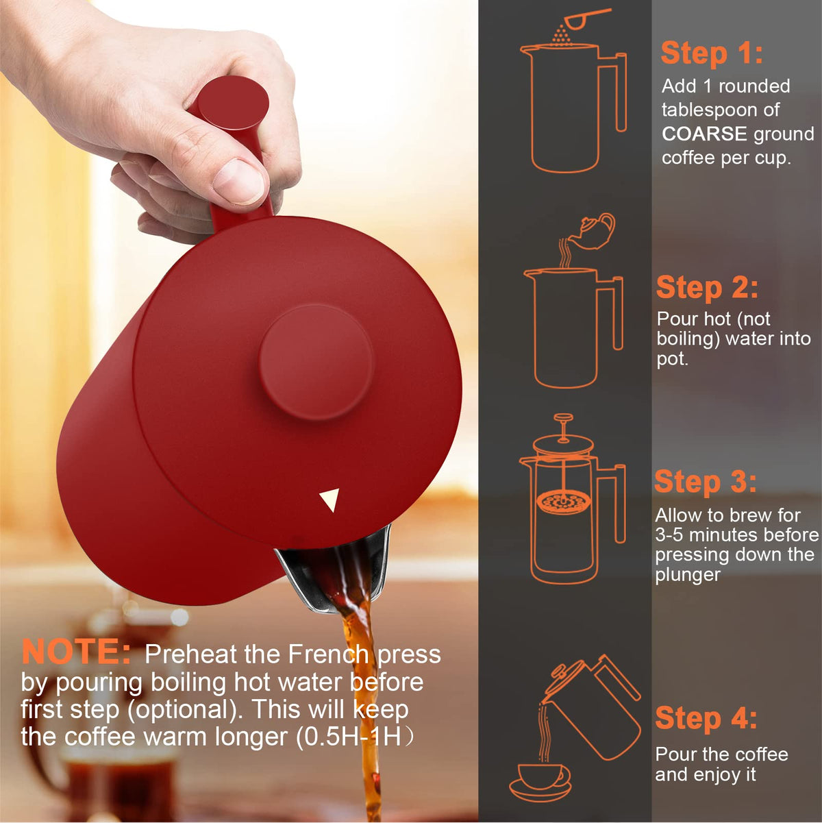 Secura French Press pours coffee into a mug with rich aroma.