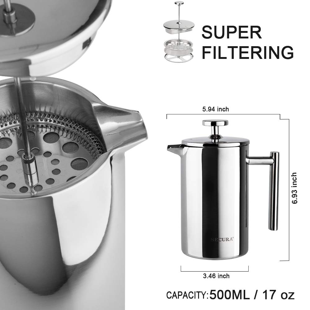 Secura French Press cool-touch handle for safe pouring.