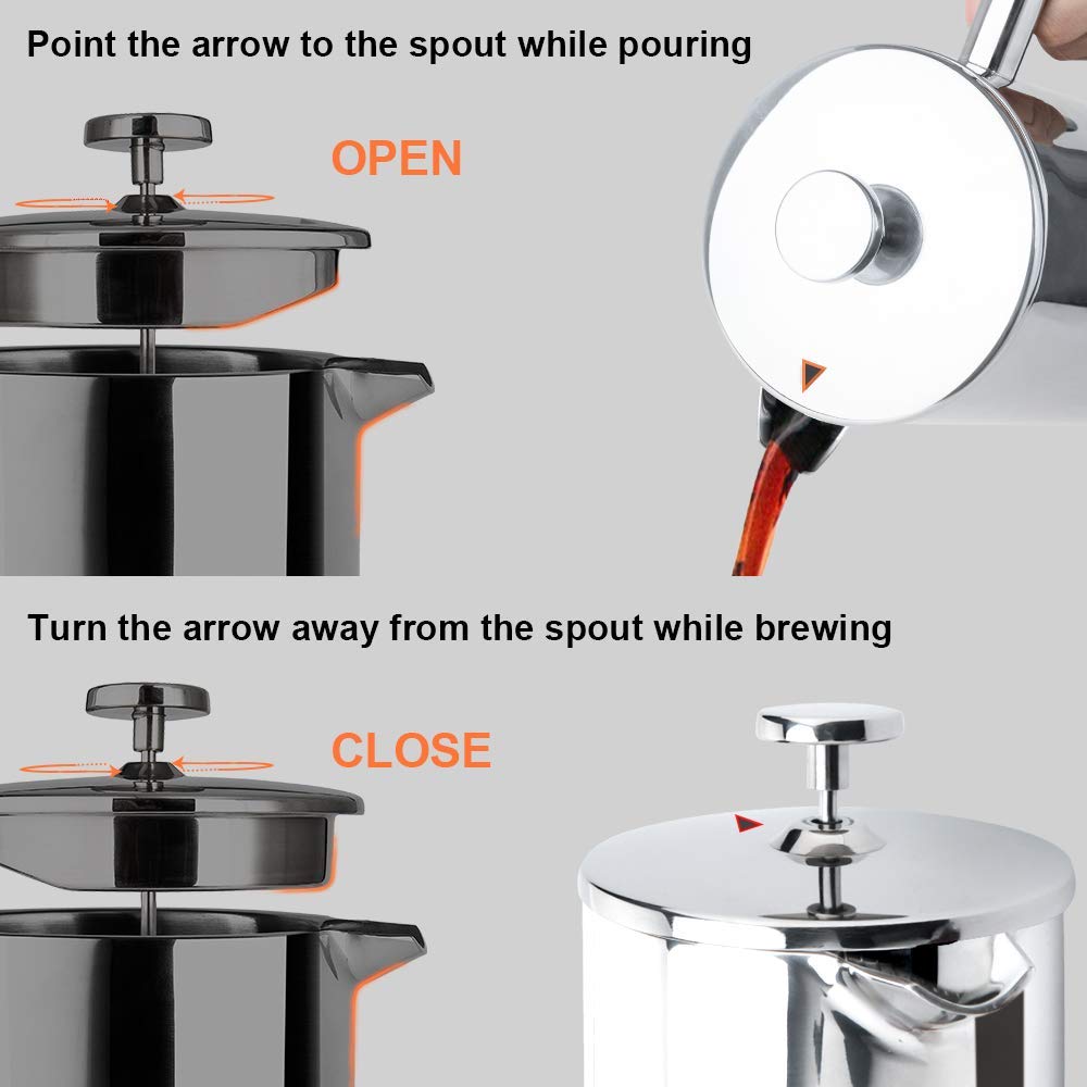 Secura French Press features a cool-touch handle for safe pouring.