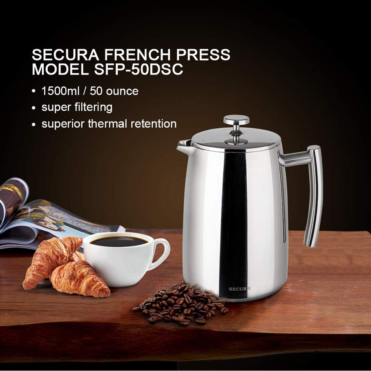Secura cool-touch handle and knob offer safe, comfortable pouring.