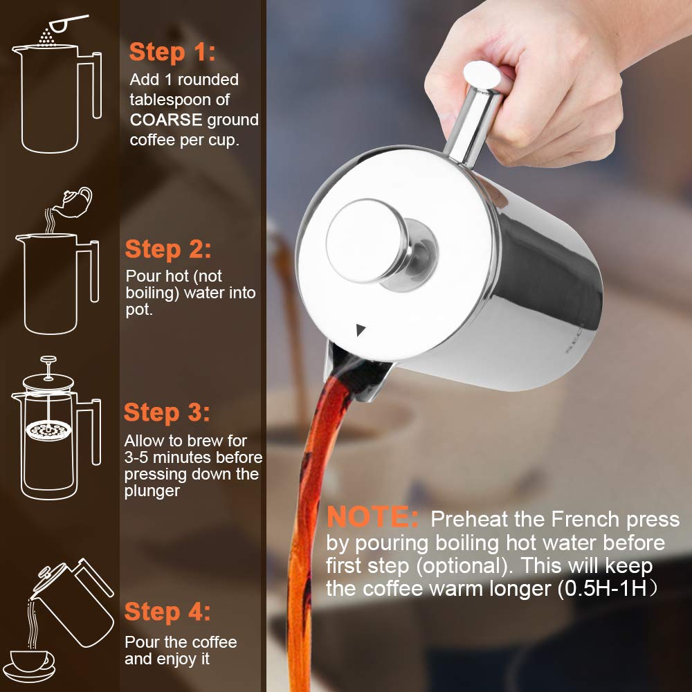 Secura French Press parts are dishwasher-safe for easy cleanup.