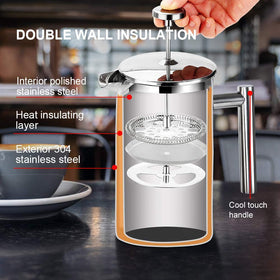 Secura French Press design features heat retention for a warm cup.