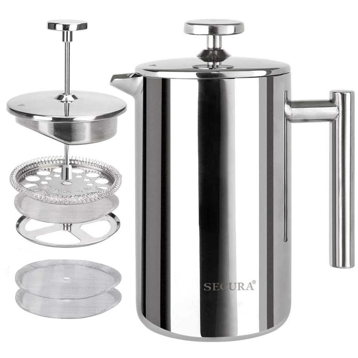 Secura French Press with insulated exterior keeps coffee hot longer.