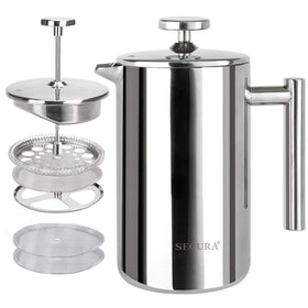 Secura French Press with insulated exterior keeps coffee hot longer.