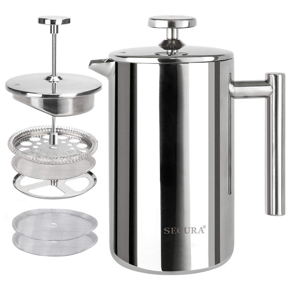 Secura French Press with insulated exterior keeps coffee hot longer.