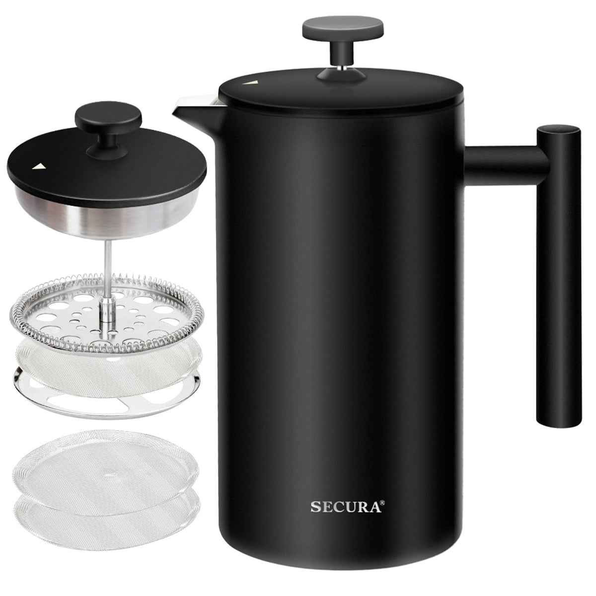 Secura French Press with insulated stainless steel body keeps coffee hot.