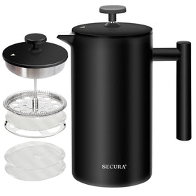Secura French Press with insulated stainless steel body keeps coffee hot.