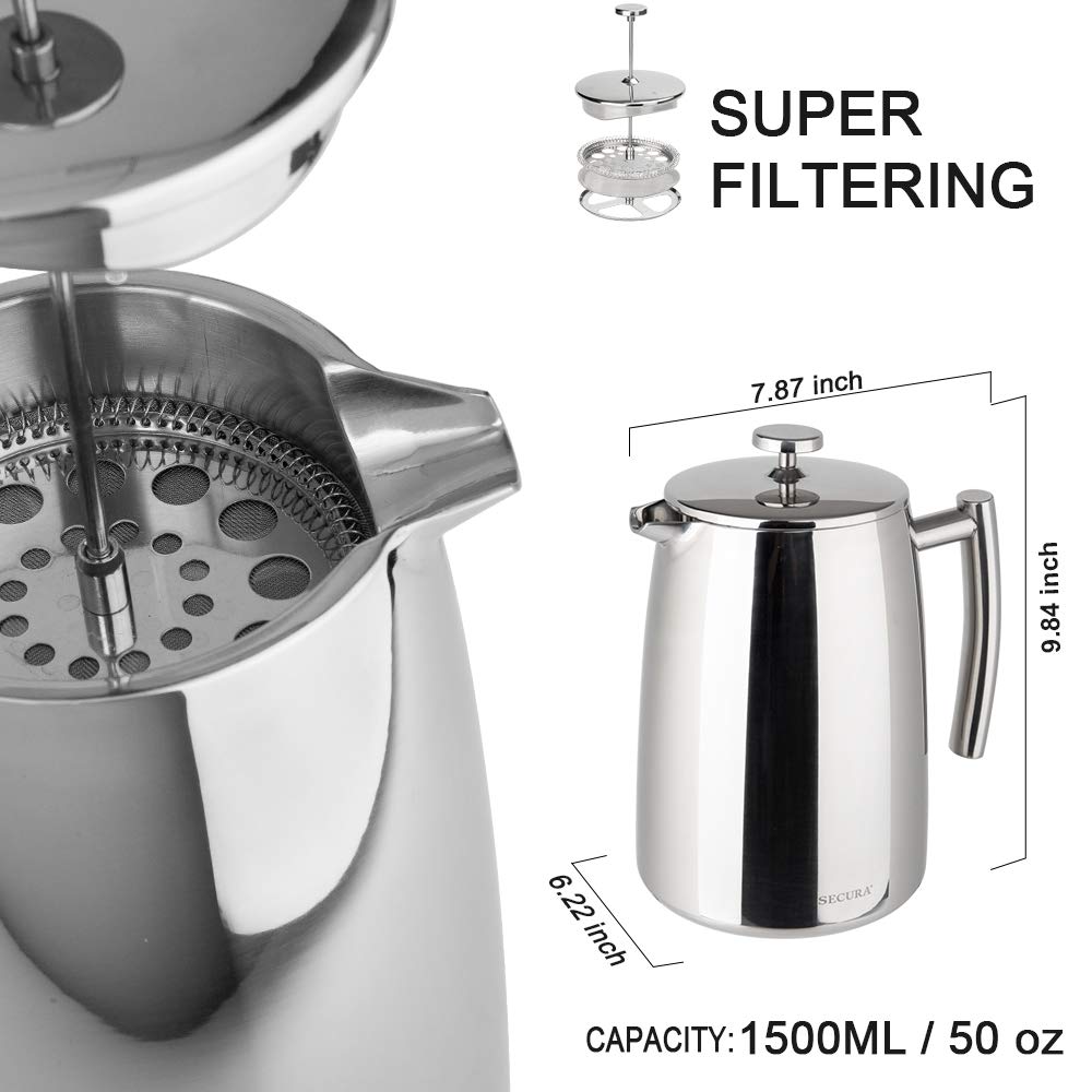 Secura insulated stainless steel body keeps coffee hot longer.