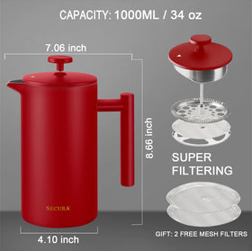 Secura French Press insulated top view emphasizing double-wall efficiency.