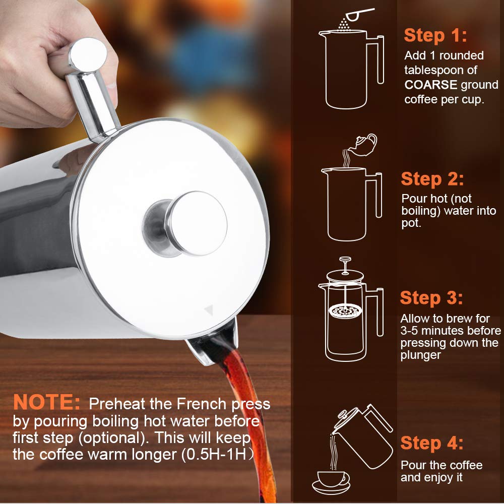 Secura French Press with a three-layer filter screens for finer grounds.