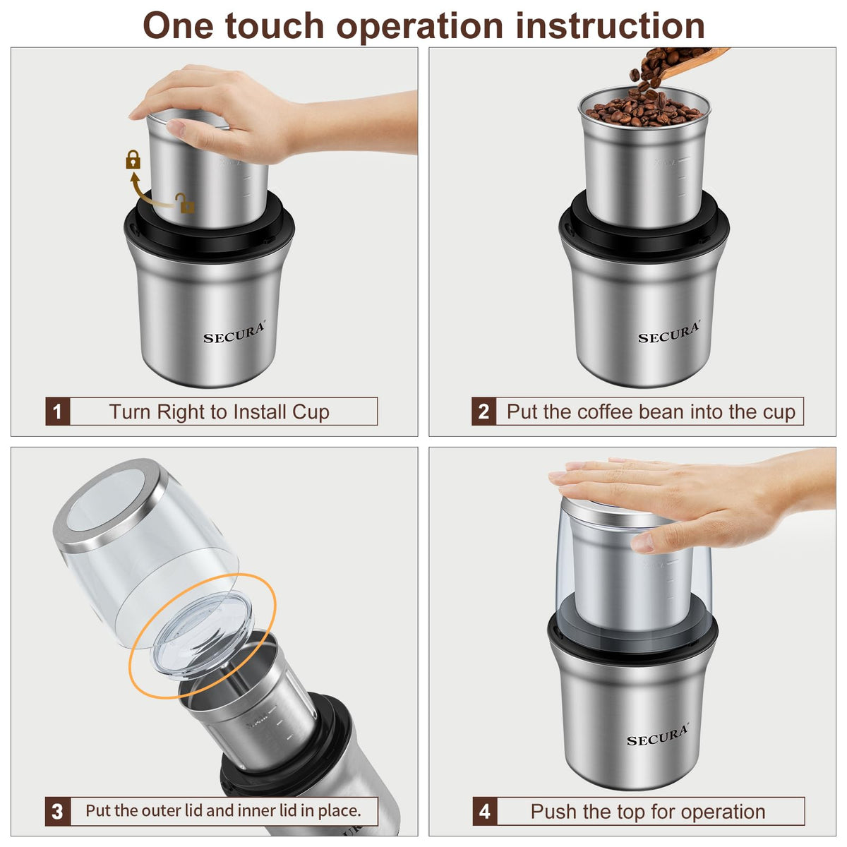 Secura grinder grinds coffee beans to a uniform texture