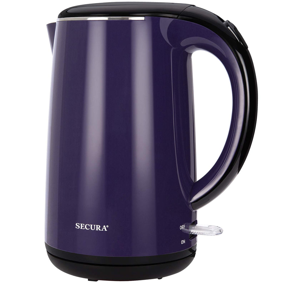 Secura Original electric kettle in dark purple, front view highlighting double-wall design for safety and style