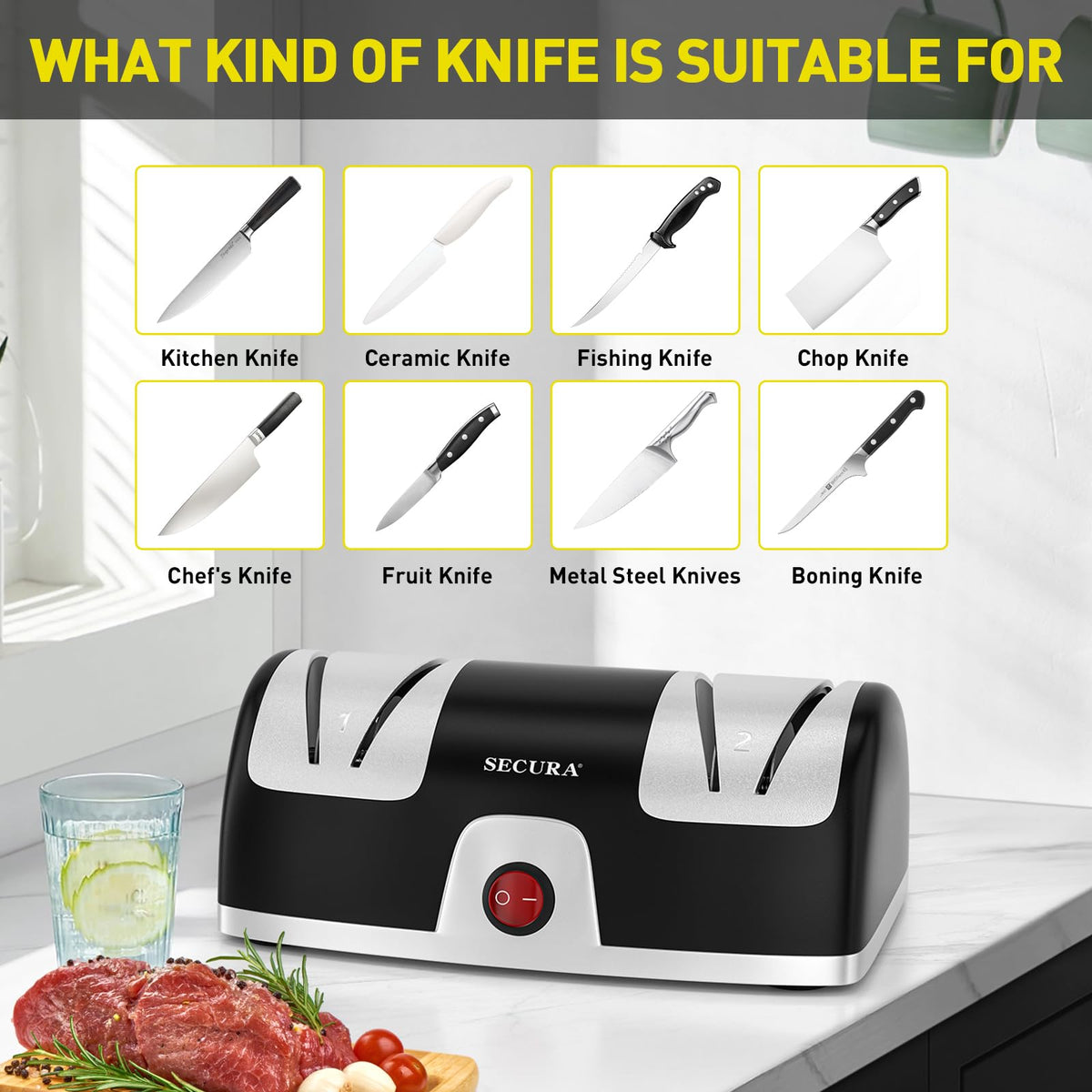Secura non-slip suction feet secure the sharpener during use