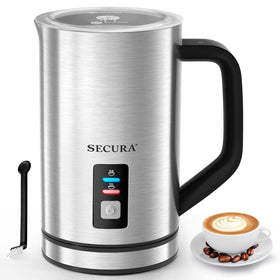 Secura milk frother front view; sleek stainless steel for cafe-quality foaming