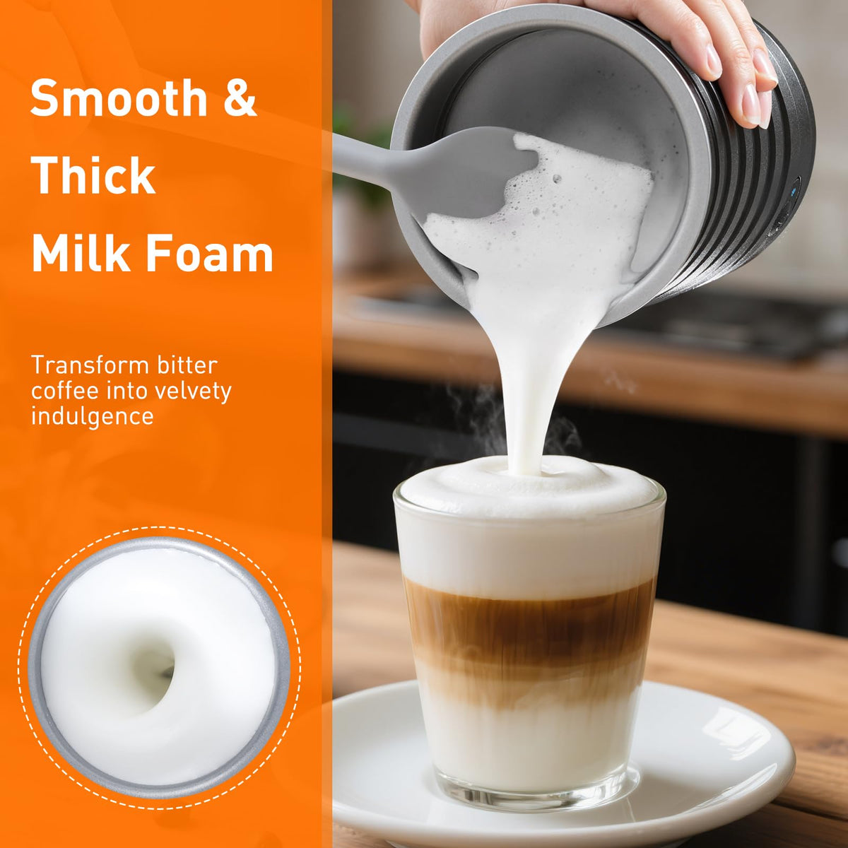 Secura hot airy foam setting creates lighter texture for macchiatos.