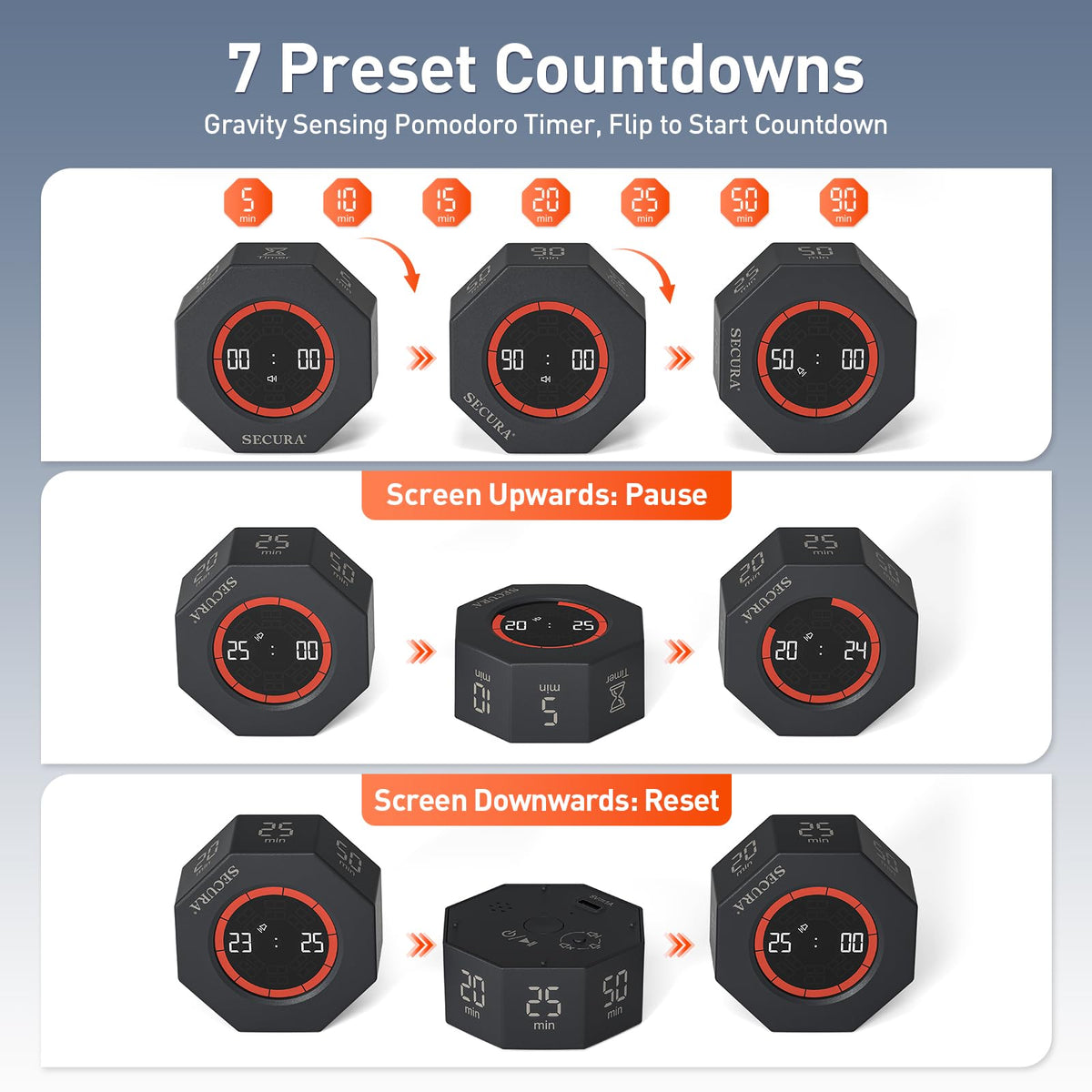 Secura Pomodoro Timer countdown alarm signaling task end