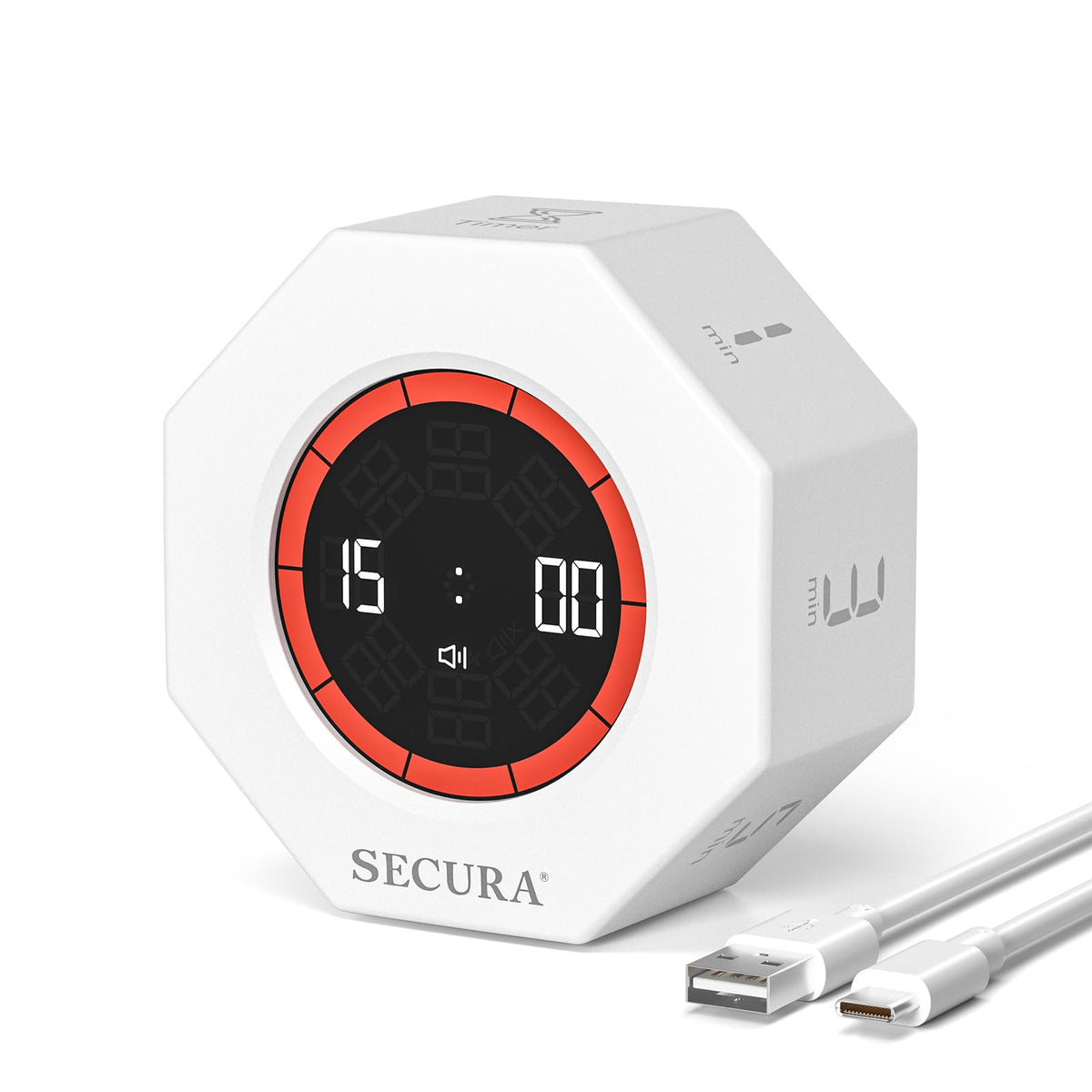 Secura Pomodoro Timer rotating cube front view, compact desk timer for quick focus.