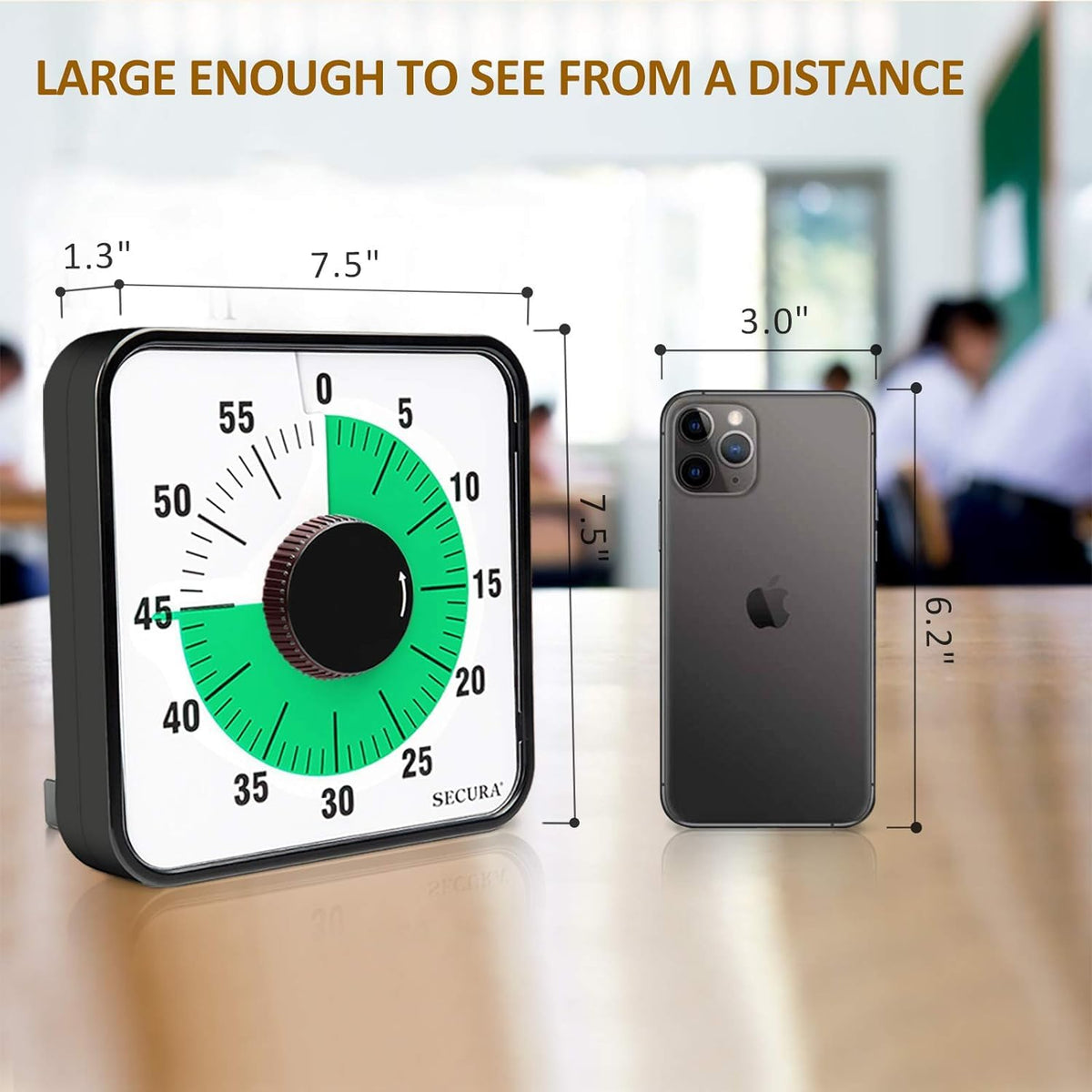 Visual countdown in a classroom setup showing large dial visibility