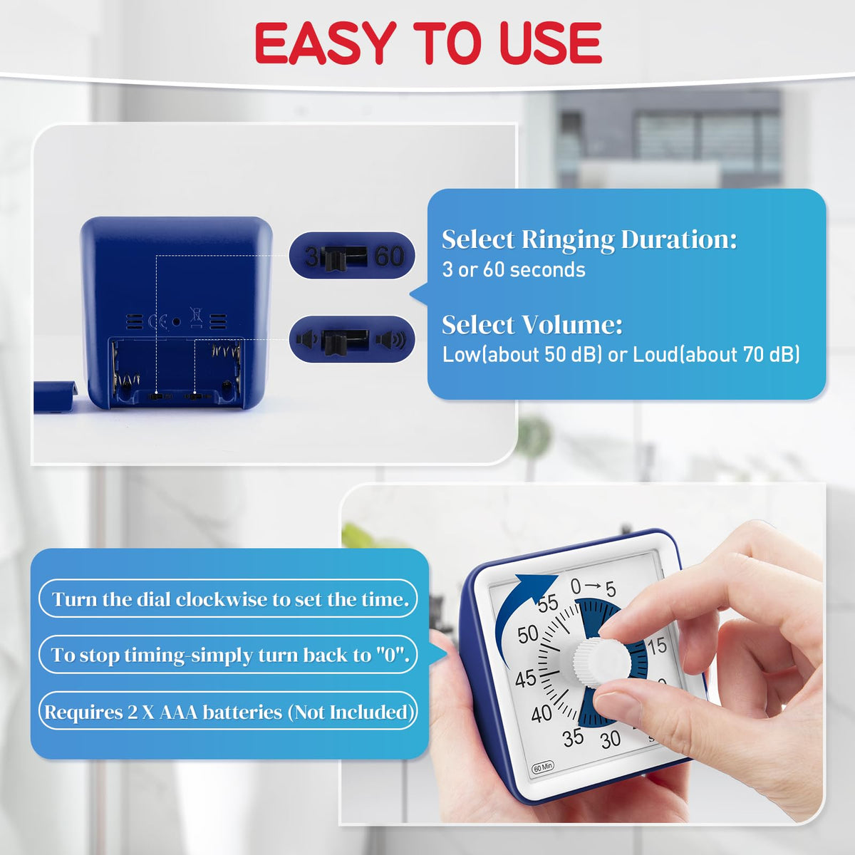 Secura visual timer front view showing navy blue disc for classroom use.