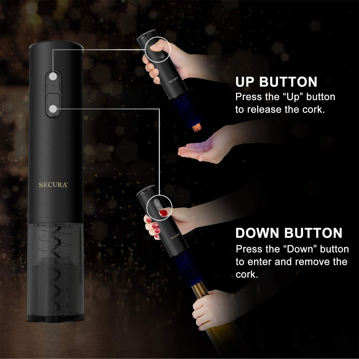 Compact Secura wine opener stored neatly to save counter space