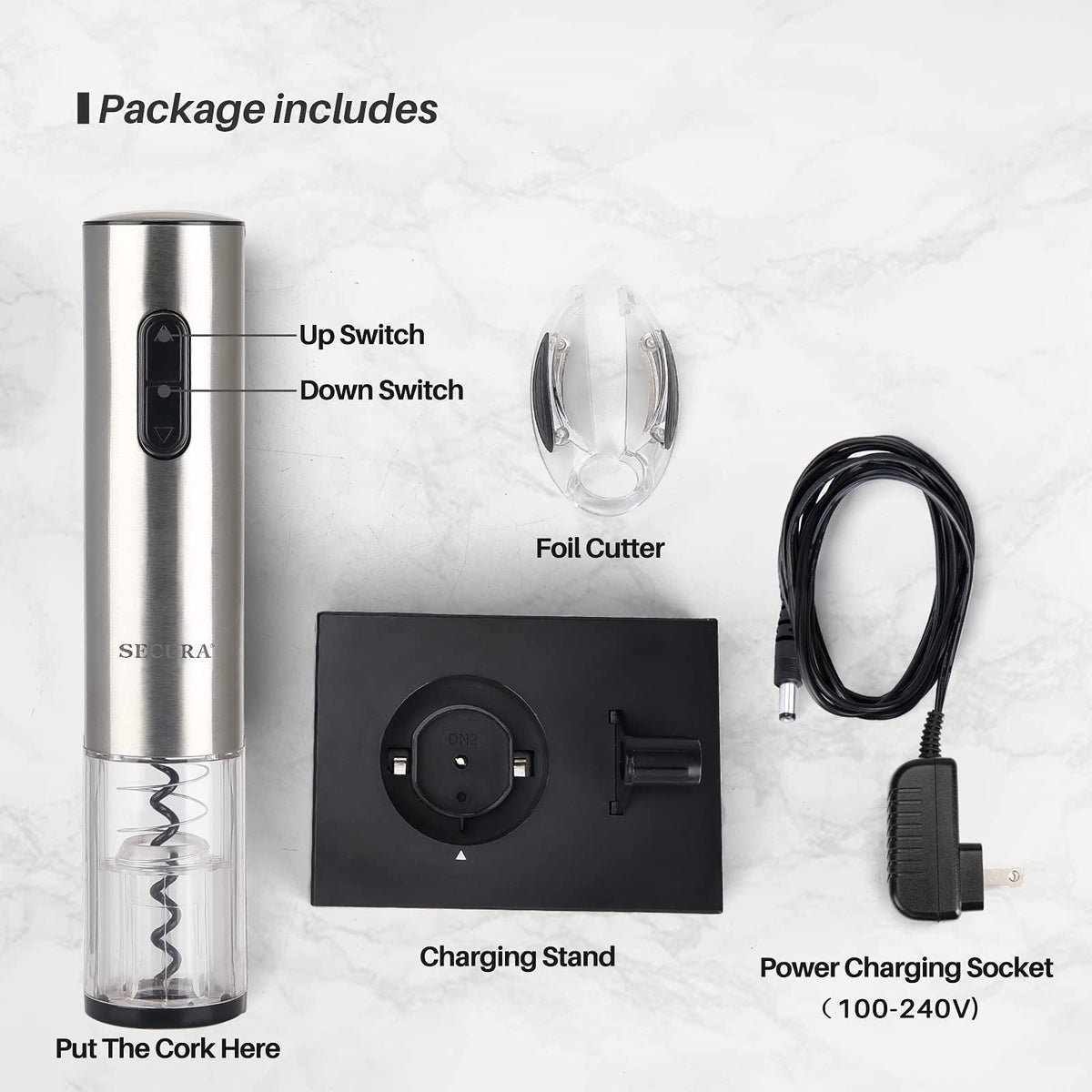 Secura wine opener in use with simple one-button operation.