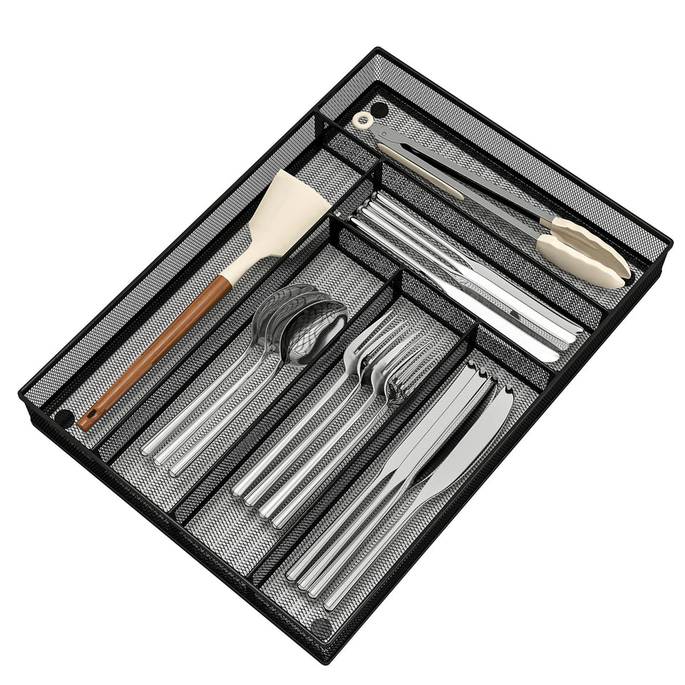 Sedegn silverware organizer in metal mesh with six compartments for easy, tidy drawer storage.