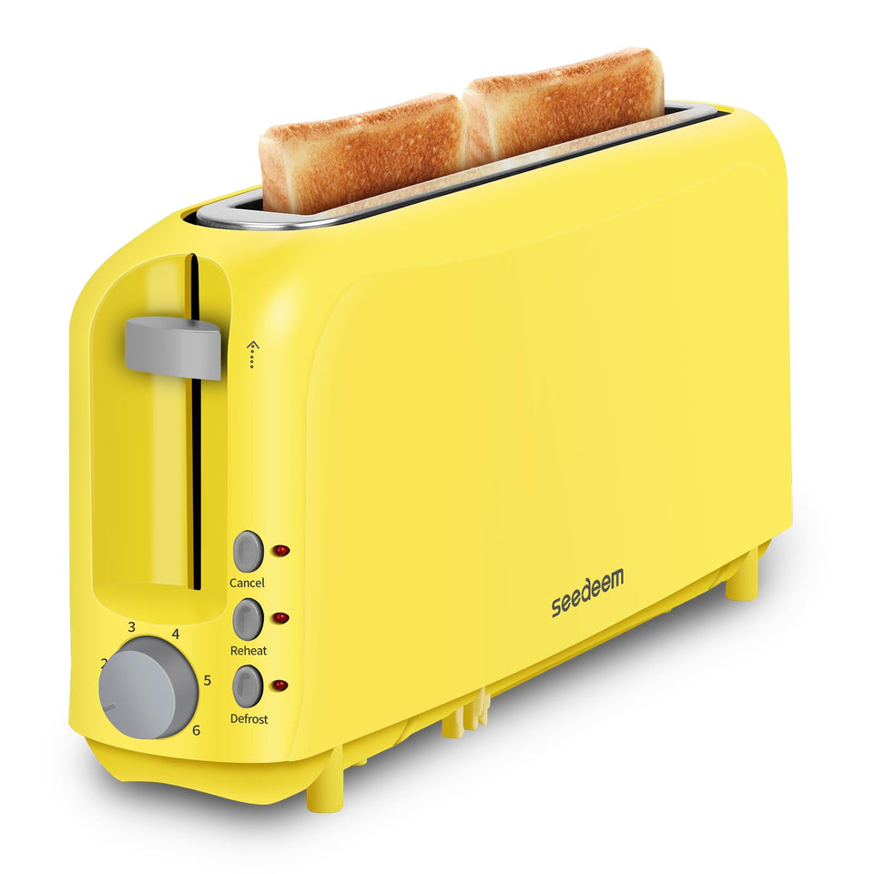 SEEDEEM 2-Slice Slim Toaster front view in yellow, ideal for compact kitchens.