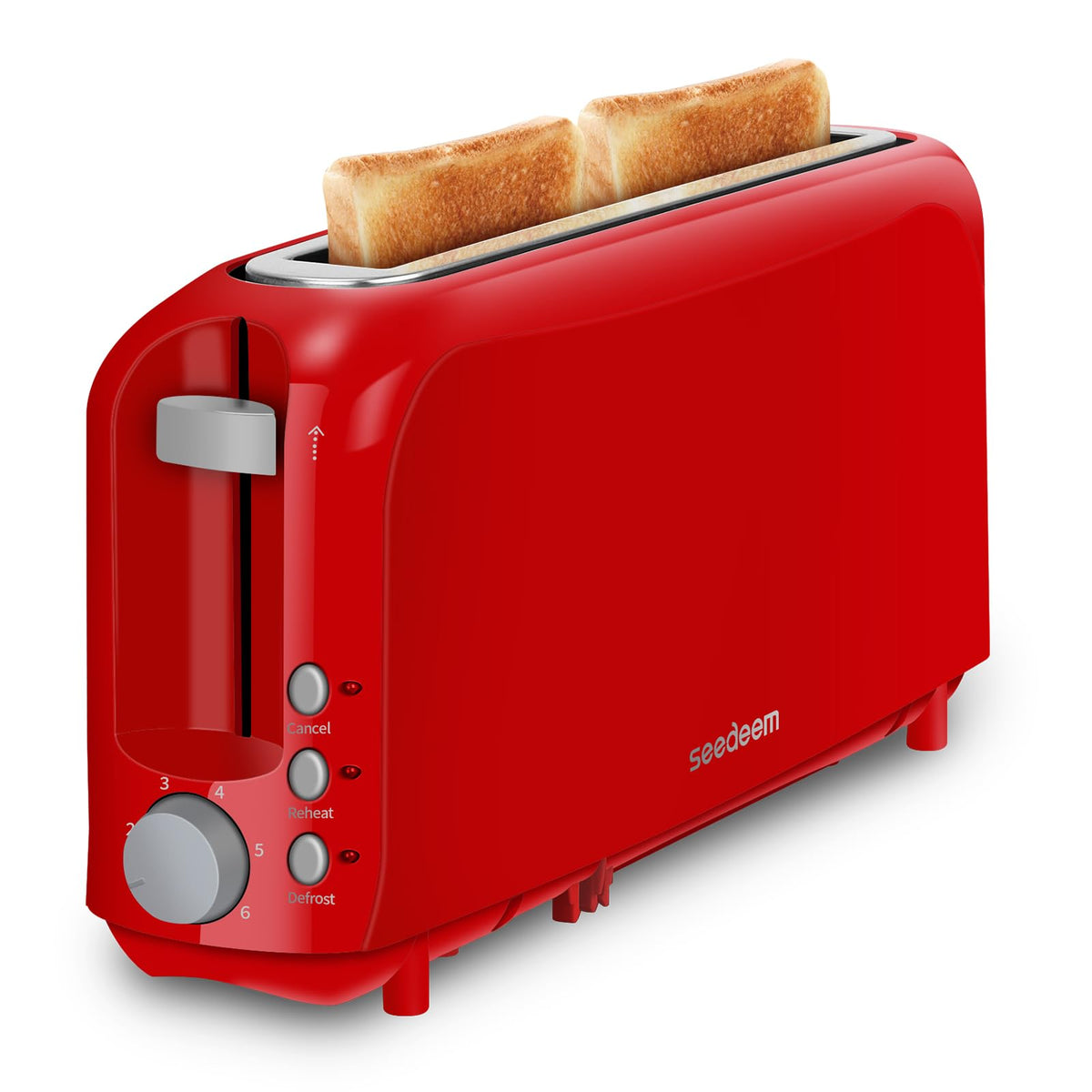 SEEDEEM 2 Slice Slim Toaster front view showcases compact red design for small kitchens