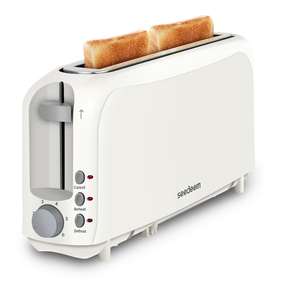 SEEDEEM 2-slice slim toaster front view, space-saving kitchen solution.