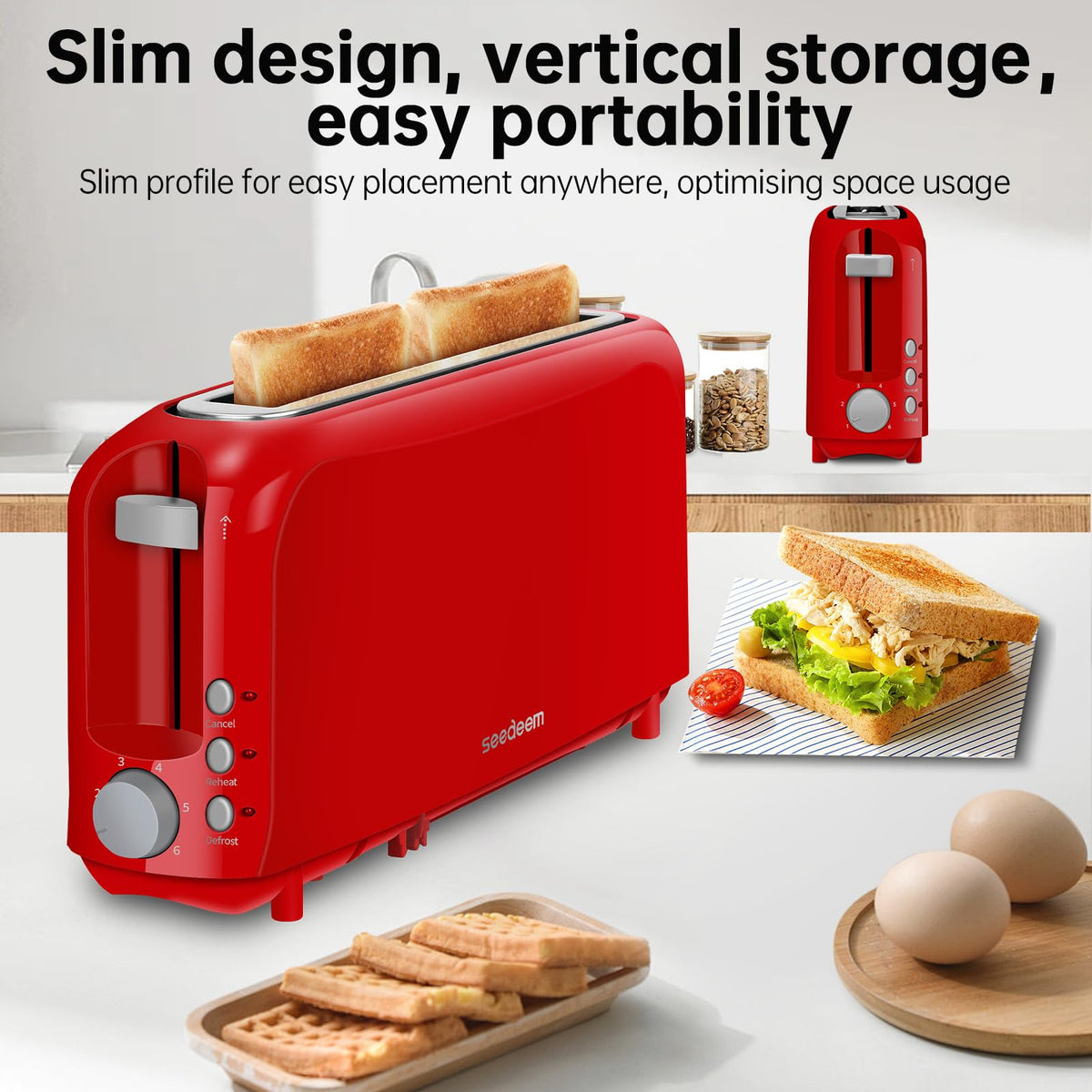 SEEDEEM 2 Slice Slim Toaster slot view highlights long slot for bagels and artisan bread