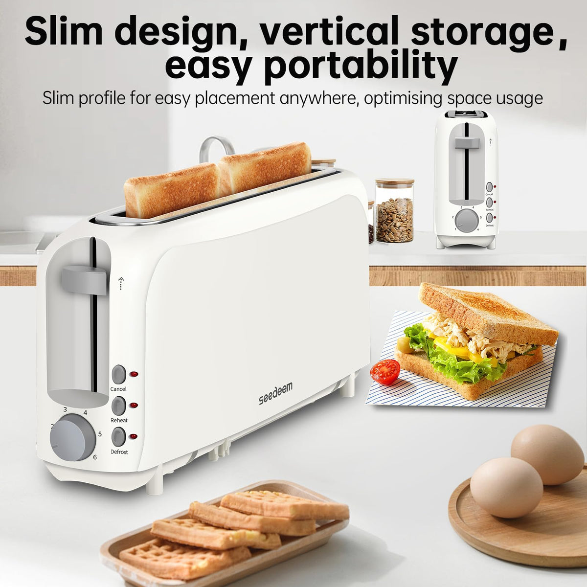 SEEDEEM long-slot toaster demonstrates bagel-friendly capacity for whole slices.