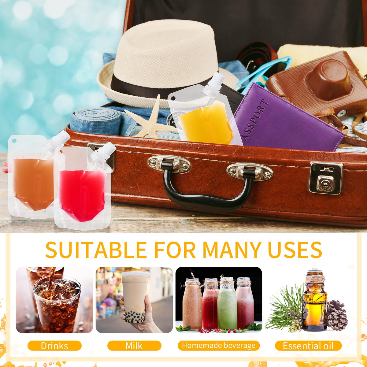 Seeloowy portable beverage pouch fits in bags and backpacks.