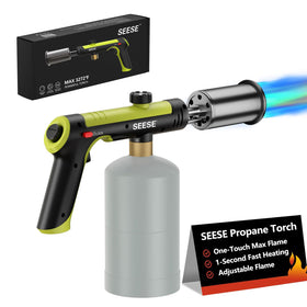 SEESE powerful propane torch with one-touch max fire for fast searing and lighting.
